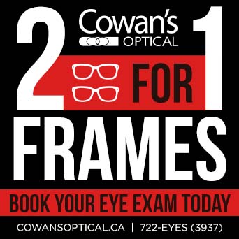 Cowan's Optical buy 2 frames for the price of 1 and book eye exam black white and red image<br />
